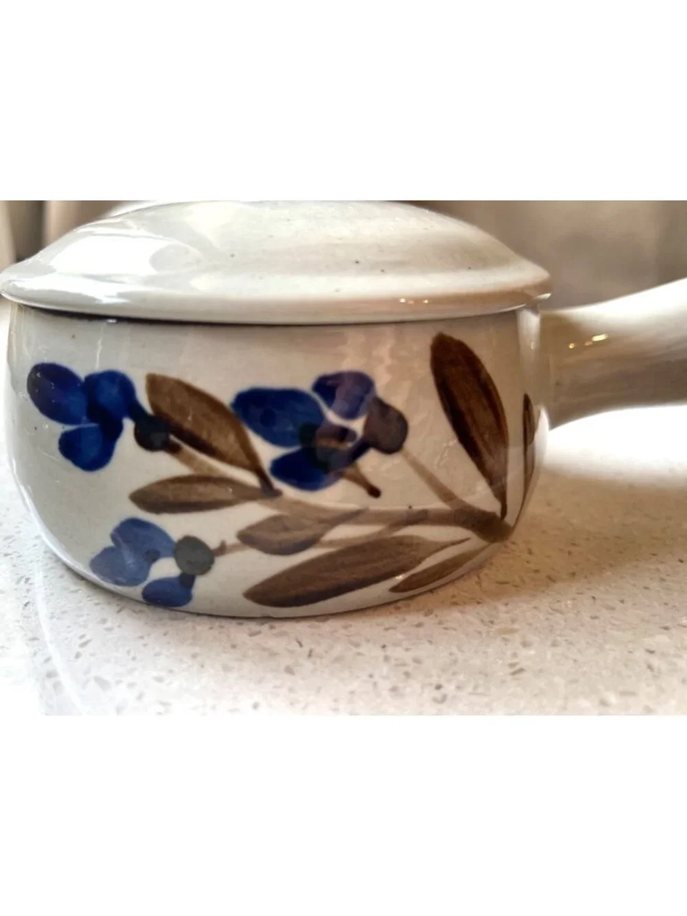 Ceramic Soup Bowls Lids & Handles Speckled Gray Blue Floral Ovenproof Set Of 2